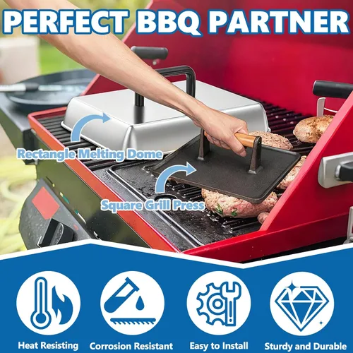 Miniatura 4 de SafBbcue Cubierta Domer Rectangular de Acero Inoxidable de 14" para Derretir Queso y Cobertura de Rociado & Plancha Rectangular de Hierro Fundido