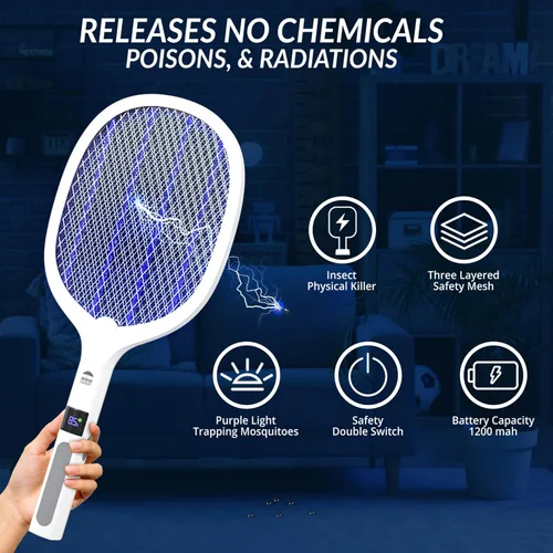 Miniatura 3 de WBM SMART Matamoscas eléctrico 2 en 1, lámpara de trampa de mosquitos y raqueta, matamoscas eléctrico recargable por USB para el hogar y al aire