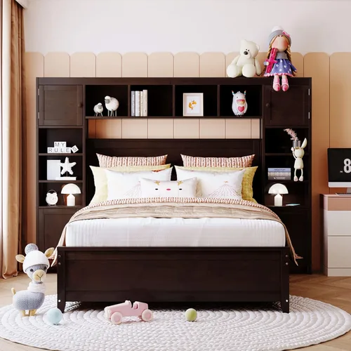 Miniatura 20 de Cama de plataforma tapizada de tamaño matrimonial con nido, cama con plataforma tapizada de vellón de peluche con soporte de listones de madera