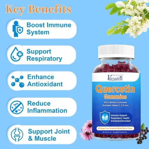 Miniatura 3 de Quercetina con gomitas de bromelina, quercetina con vitamina C, zinc y saúco para el sistema inmunológico y alergias, gomitas masticables y veganas