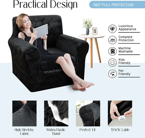 Miniatura 5 de 2 Piezas de Funda de Sillón de Terciopelo en Relieve con Funda de Cojín Separada, Funda de Sofá de Tacto Suave y Elegante, Funda de Sofá