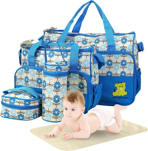 TeqHome Juego de 5 bolsas de pañales, bolsa grande para mamá con cambiador de pañales portátil, funda para chupete, bolsas de viaje para bebé para