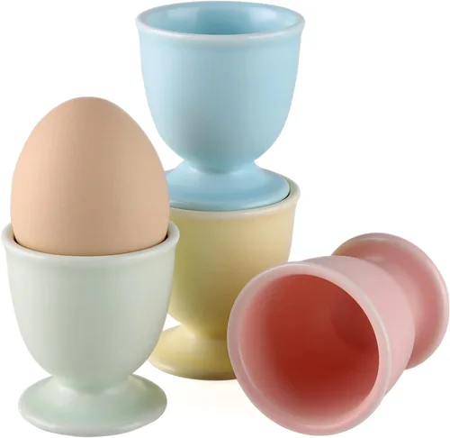 Miniatura 8 de Juego de tapas de cerámica para huevos duros y suaves, incluye 1 cortador de huevos, 4 tazas de cerámica y 4 cucharas (juego de galletas de huevo)