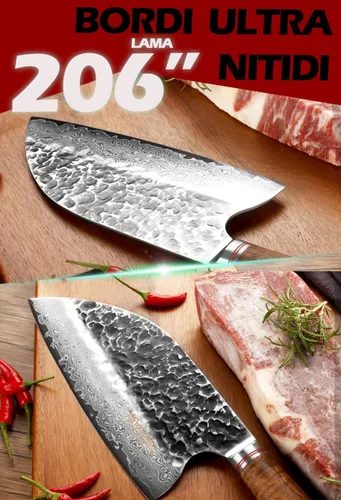 Miniatura 3 de YOUSUNLONG Cuchilla híbrida resistente para carne al aire libre, 8 pulgadas, Damasco martillado natural de madera de nogal con cuero Nuez
