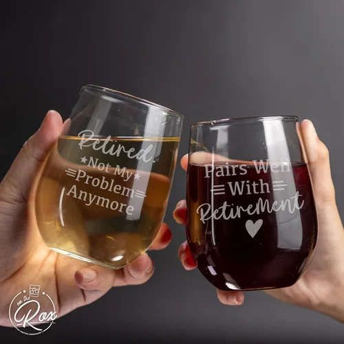 Miniatura 7 de Regalos de jubilación para mujeres – Juego de 2 copas de vino sin tallo de 17 onzas – Divertidos regalos de copa de vino jubilados – Regalos