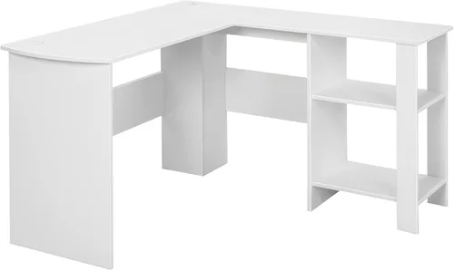 Miniatura 9 de Tangkula Escritorio blanco en forma de L con estantes de almacenamiento, escritorio de computadora de esquina de madera, estación de trabajo