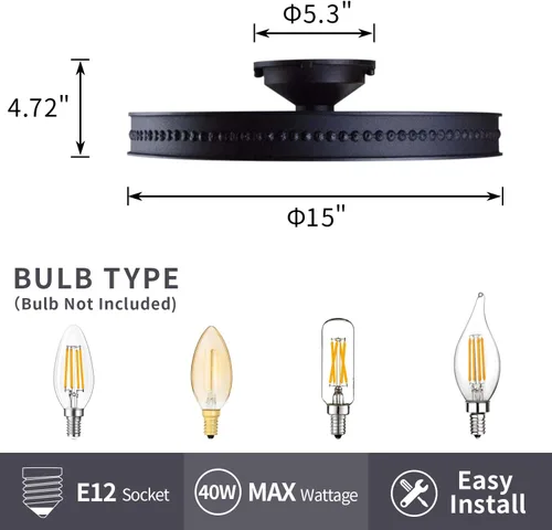 Miniatura 7 de Lámpara de techo redonda de 4 luces con montaje semiempotrado en negro, estilo rústico de metal granja para isla de cocina, comedor, pasillo