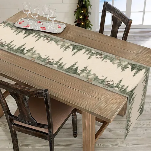 Miniatura 5 de Seliem Camino de mesa de bosque invernal con renos y pinos, decoración de Navidad con alces acuarela gorrión para la cocina del hogar, decoración