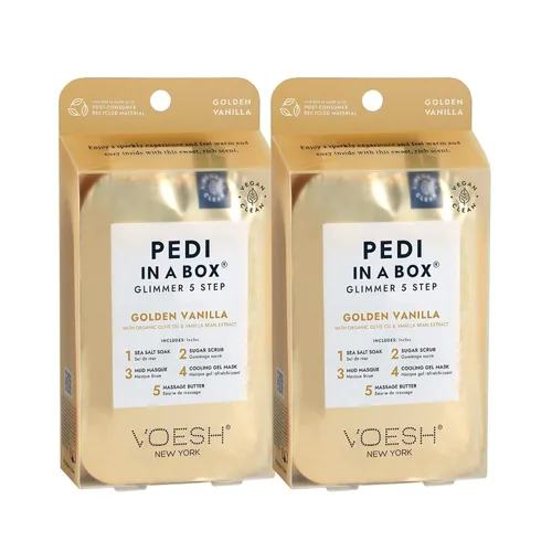 VOESH Pedi in a Box Glimmer - Paquete de 2, vainilla dorada, Pedi en una caja, kit de pedicura de spa, pedicura brillante, Pedi de bricolaje,
