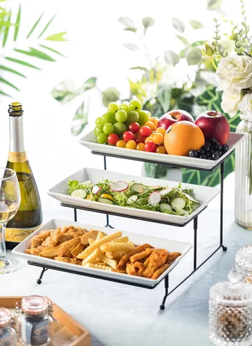 Miniatura 5 de LYEOBOH Juego de soporte y bandejas escalonadas, soporte grande para bandeja escalonada, bandeja para servir de 3 niveles con estante plegable más