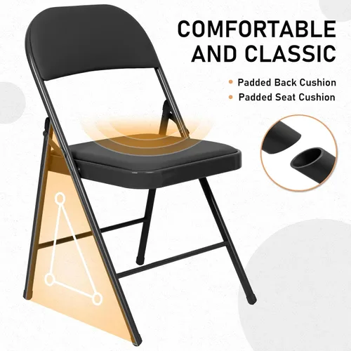 Miniatura 3 de Juego de 4 Sillas Plegables Tapizadas en Negro - Cómodas Sillas Apilables Portátiles para Interior y Exterior, Eventos, Fiestas, Oficina, Boda Negro