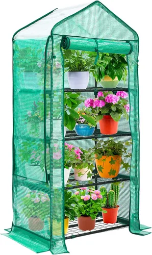 Mini Invernadero con Techo de Malla, Ohuhu Invernaderos Pequeños Portátiles Mejorados de 4 Niveles para Exteriores e Interiores con Puerta