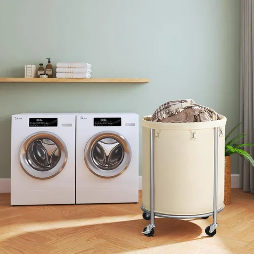 Miniatura 9 de ELYKEN Cesta de lavandería con ruedas, cesta de lavandería rodante de 170L con bolsa extraíble y marco de acero, carrito de lavandería redondo con 4