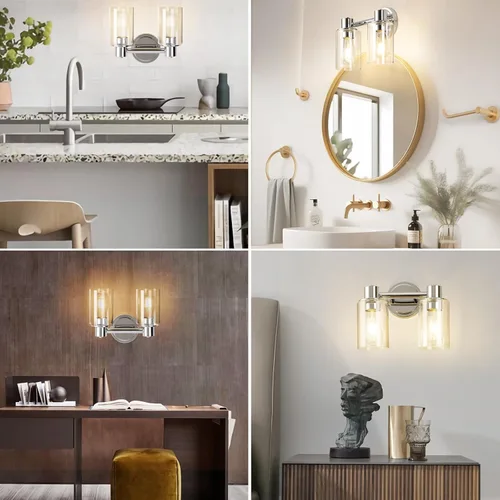 Miniatura 7 de Apliques de Pared de Baño de 2 Luces con Cristal Transparente, Luces de Pared de Baño Sobre Espejo, Luces de Tocador Cromadas con Base E26 Cromo
