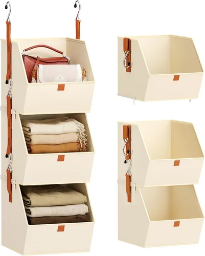 Homsorout Organizador plegable para armario, sistema de almacenamiento de 3 niveles con ganchos, contenedores de almacenamiento colgantes de tela