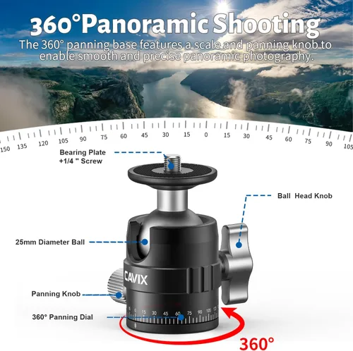 Miniatura 4 de CAVIX MT-03 Cabezal de trípode panorámico para cámara, cabeza de bola pequeña con placa de liberación rápida Arca Swiss Capacidad de carga de nivel
