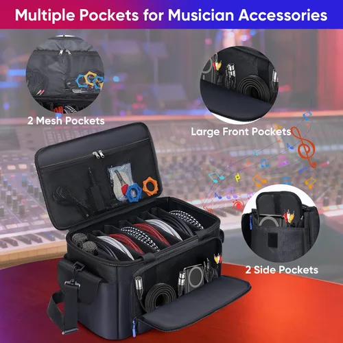 Miniatura 3 de Bolsa grande para archivos de cable de DJ con 8 divisores desmontables, bolsa de DJ acolchada con múltiples compartimentos y bolsillos para equipos