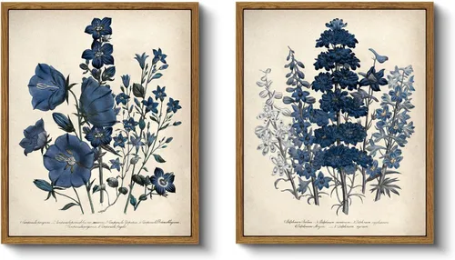 VIYYIEA 2 Piezas Arte de Pared en Lienzo Enmarcado, Impresiones de Arte Botánico Antiguo Azul, Baño Dormitorio Cocina Decoración de Casa de Campo