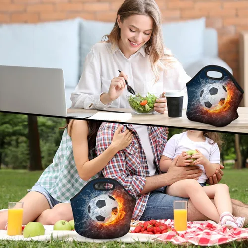 Miniatura 7 de Bolsas de almuerzo de neopreno con balón de fútbol en fuego de hielo para mujeres, bolsas de almuerzo, lavables, aisladas, para el trabajo, picnic
