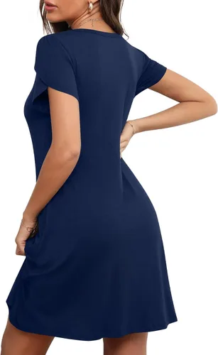 Miniatura 3 de HOTGIFT Vestido de manga corta para mujer, casual, cuello redondo, holgado, cómodo, con bolsillos