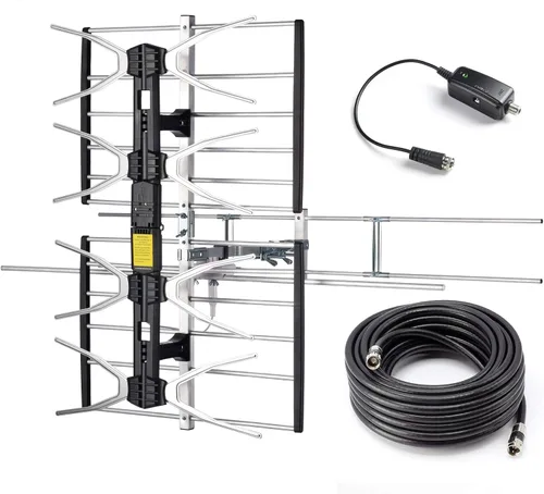 PBD - Antena digital HDTV para exteriores con amplificador de alta ganancia y bajo ruido, cable coaxial RG6 de 40 pies, divisor de 2 vías, rango de
