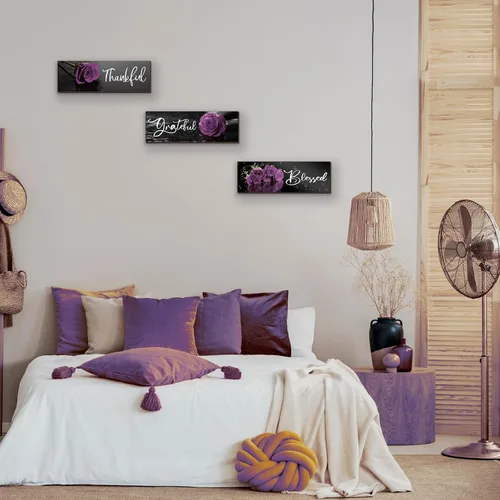 Miniatura 3 de ZINYAZHE 3 piezas de decoración de baño morada, arte de pared con diseño de rosas inspiradoras, letrero de cocina morado y negro, decoración