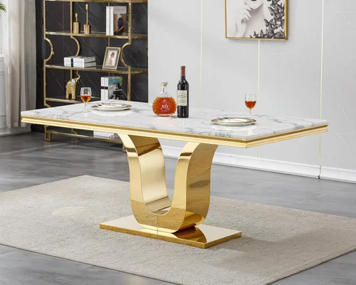 Miniatura 11 de Mesa de comedor de mármol negro para 4, 6, 70 pulgadas, moderna mesa de comedor de cocina dorada con base de acero inoxidable con diseño