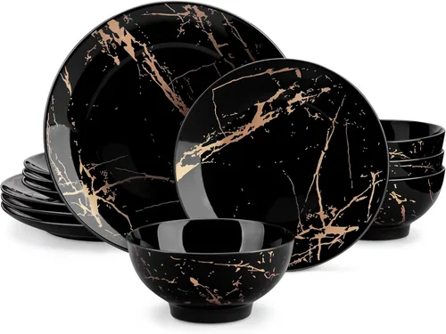 Juegos de platos y tazones LOVECASA para 4, juegos de vajilla de porcelana de 12 piezas, juego de vajilla negro y dorado, juego de vajilla con
