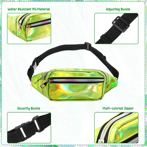 Miniatura 3 de Riñonera holográfica brillante de 2 piezas, riñonera de neón impermeable para mujeres, festivales, fiestas, viajes, senderismo, actividades al aire