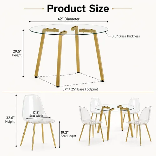 Miniatura 3 de Juego de mesa de comedor gopop de 5 piezas para 4, juego de mesa de comedor redonda de vidrio para 4, mesa de vidrio templado con 4 sillas