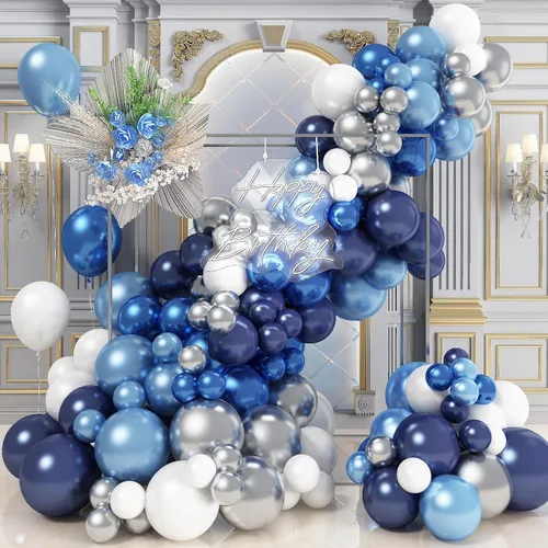 Kit de Arco de Globos Azul Blanco Plateado, Guirnalda de Globos Azul Marino Plateado Blanco con Globos Metálicos Azul Oscuro Azul Claro Plateados