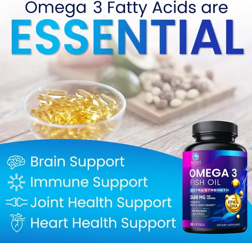 Miniatura 6 de Suplementos de aceite de pescado Omega 3 – 2400 mg de aceite de pescado por porción – Omega-3 de triple fuerza con ácidos grasos EPA y DHA – Apoyo