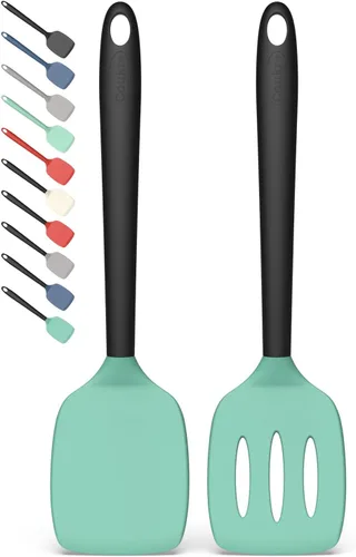 Miniatura 7 de Coukre Juego de 2 espátulas de silicona, resistentes a altas temperaturas, libres de BPA, espátulas de cocina, volteadoras sólidas y ranuradas