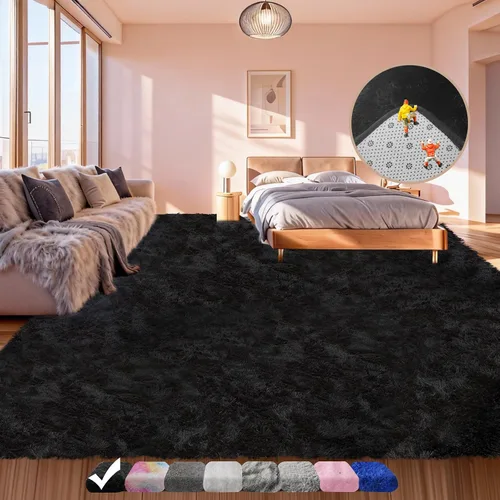 Alfombra negra lanuda para sala de estar o dormitorio, ultra suave y esponjosa, alfombra peluda de 4 x 6 pies, alfombra de noche de felpa