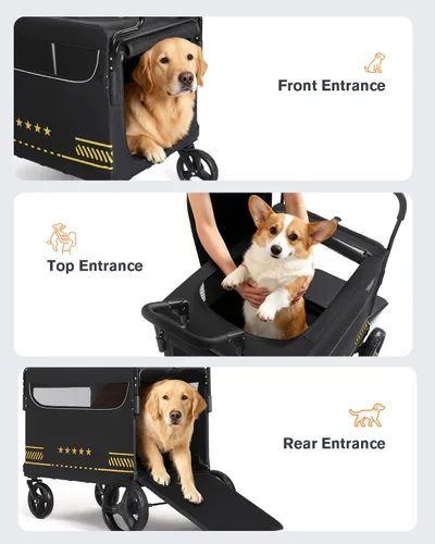 Miniatura 6 de Cochecito para mascotas todo terreno para perros medianos y grandes con rampa, cochecito plegable para perros con frenos, 3 entradas, asas