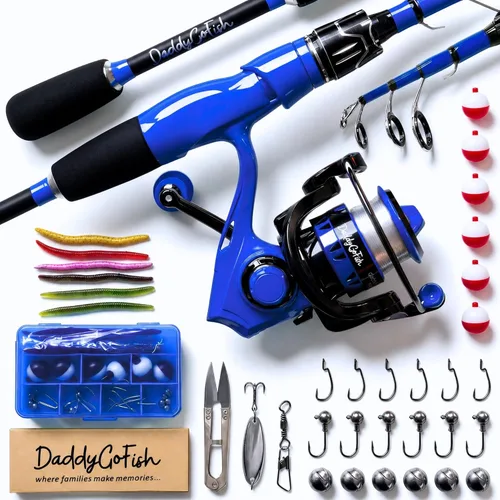 DaddyGoFish Juego combinado de caña de pescar y carrete giratorio con caja de aparejos | Caña de pescar para niños | Kit de caña de pescar Azul