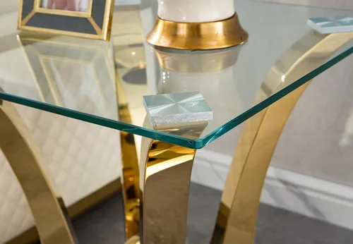 Miniatura 6 de SSLine Mesa auxiliar de cristal de lujo para sala de estar, mesa auxiliar moderna dorada con base de pedestal de acero inoxidable en forma de flor