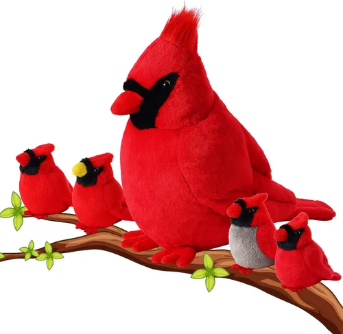5 piezas de peluche del cardenal del norte para mamá con bebé de felpa de pájaro rojo, suave para Navidad, cumpleaños, Navidad, regalo para la hora