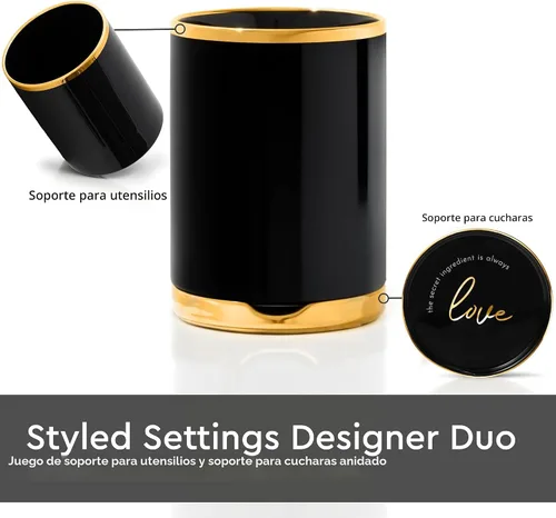 Miniatura 2 de STYLED SETTINGS Soporte para utensilios de cocina negro y dorado con soporte de cuchara integrado, 2 soportes grandes de cerámica para utensilios