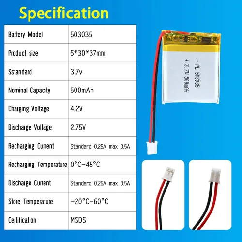 Miniatura 4 de 503035 Batería Lipo 3.7V 500mAh 503035 Paquete de Batería Recargable de Polímero de Litio con Conector JST PH2.0mm para Dispositivo Electrónico