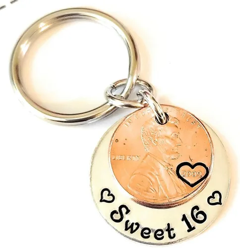 Tucker's Trinkets And Treasures Llavero con texto en inglés «Sweet 16», «Happy 16th Birthday», «Sweet 16», «Lucky Copper 2009» (Año del nacimiento),