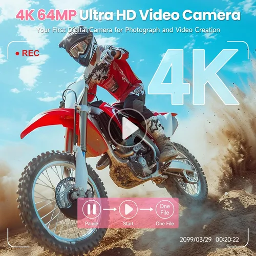 Miniatura 2 de Cámara de vlogging 4K de 64 MP, cámara digital de enfoque automático rápido de 64 GB con doble cámara, lente ancha, batería de 2000 mAh y zoom