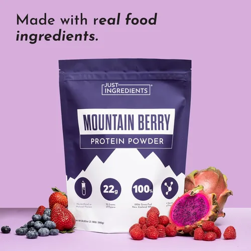 Miniatura 5 de JUST INGREDIENTS Mountain Berry Proteína en polvo, 30 porciones con suero de leche 100% alimentado con pasto y proteínas vegetales orgánicas, sabor