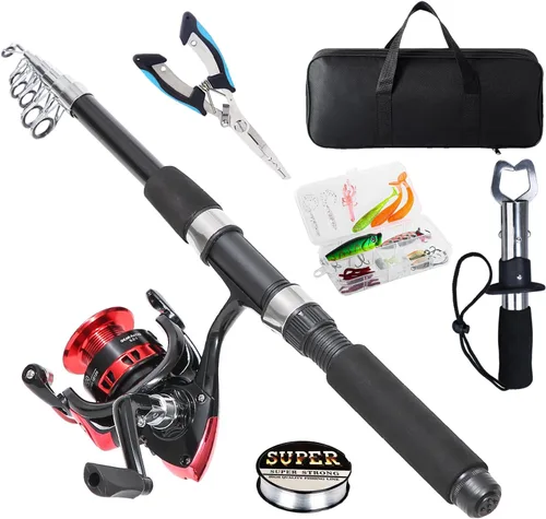 Miniatura 10 de Tripquips Caña de pescar, caña de pescar telescópica de 6.9 pies y carrete combinado con alicates de pesca y agarre de labios equipo de pesca, Combo