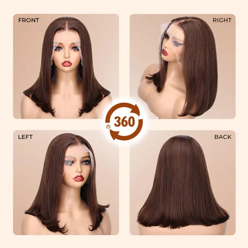 Miniatura 2 de Peluca de cabello humano lacio marrón con reflejos de 13 x 4, peluca frontal de encaje transparente #4, peluca corta Bob para mujeres negras