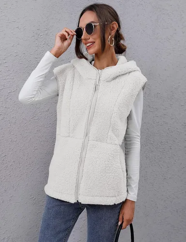 Miniatura 4 de TFSDOD Chaleco de forro polar sherpa mullido para mujer, acogedor, sin mangas, con bolsillo, chaleco con capucha para mujer, ropa exterior