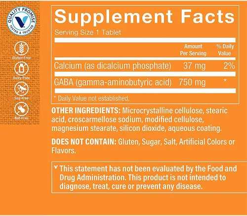 Miniatura 2 de The Vitamin Shoppe GABA 750MG (ácido gamma-aminobutírico), apoya la relajación, una vez al día (90 tabletas)