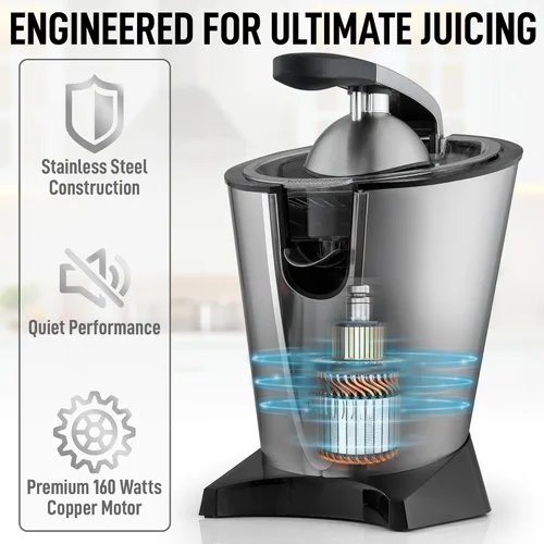 Miniatura 8 de Exprimidor Eléctrico de Cítricos Zulay - Hace Jugo Fresco de Naranja, Limón, Pomelo, Lima - Acero Inoxidable, 160W Potente y Silencioso, Conos Lux
