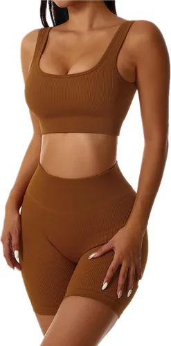 Miniatura 2 de ABOCIW Conjuntos de entrenamiento para mujer 2 piezas sin costuras acanalados cintura alta con camiseta sin mangas brasier deportivo trajes de yoga