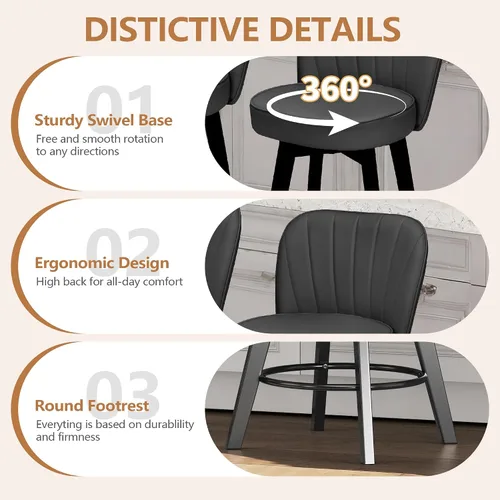Miniatura 3 de MINCETA Juego de 2 taburetes de bar giratorios de 360°, taburete de bar de 26 pulgadas de altura de mostrador con respaldo de concha, silla de bar